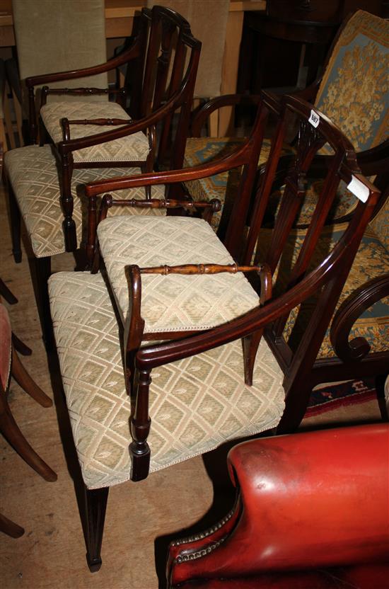 Pair of Sheraton style elbow chairs & 2 matching footstools